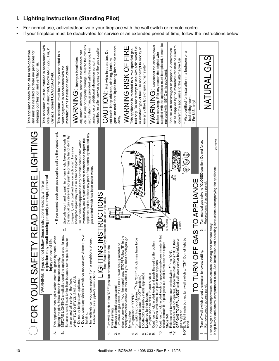 For your safety read before lighting, Na tural gas, Lighting instructions | Wa rning, Caution, Wa rning risk of fire, I. lighting instructions (standing pilot) | Hearth and Home Technologies BCBV36I User Manual | Page 10 / 44