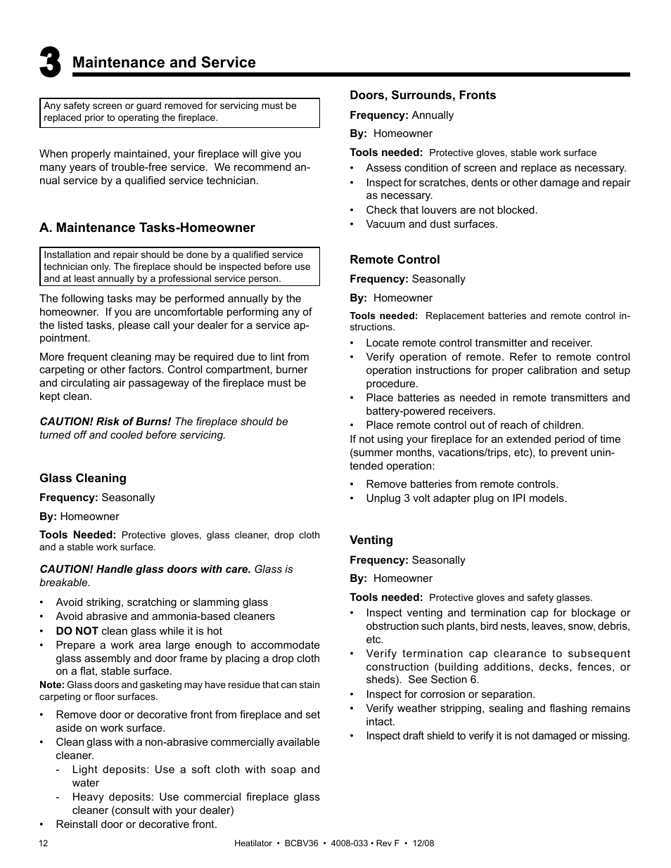 Maintenance and service | Hearth and Home Technologies BCBV36I User Manual | Page 12 / 44