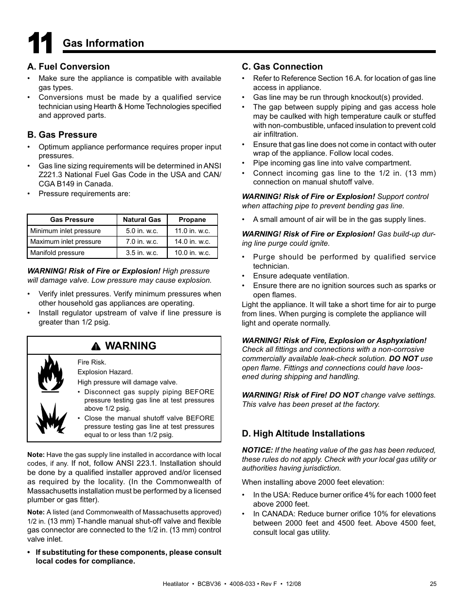 Gas information, Warning | Hearth and Home Technologies BCBV36I User Manual | Page 25 / 44