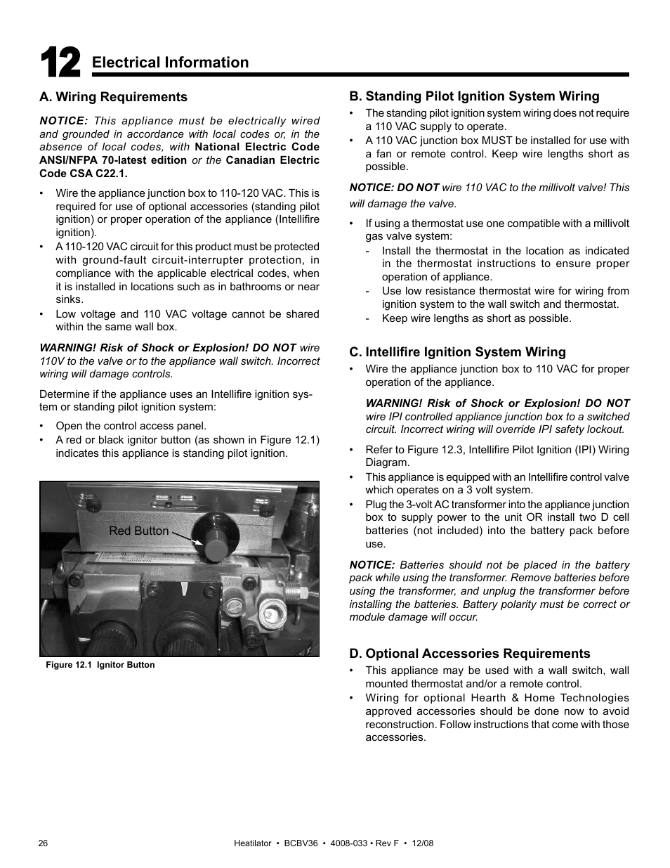 Electrical information | Hearth and Home Technologies BCBV36I User Manual | Page 26 / 44