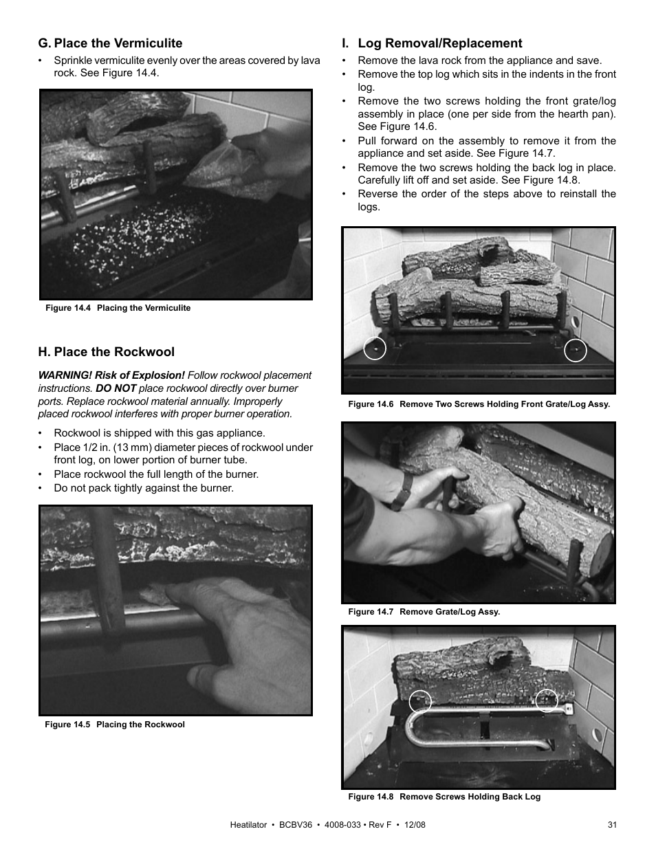 G. place the vermiculite, H. place the rockwool, I. log removal/replacement | Hearth and Home Technologies BCBV36I User Manual | Page 31 / 44