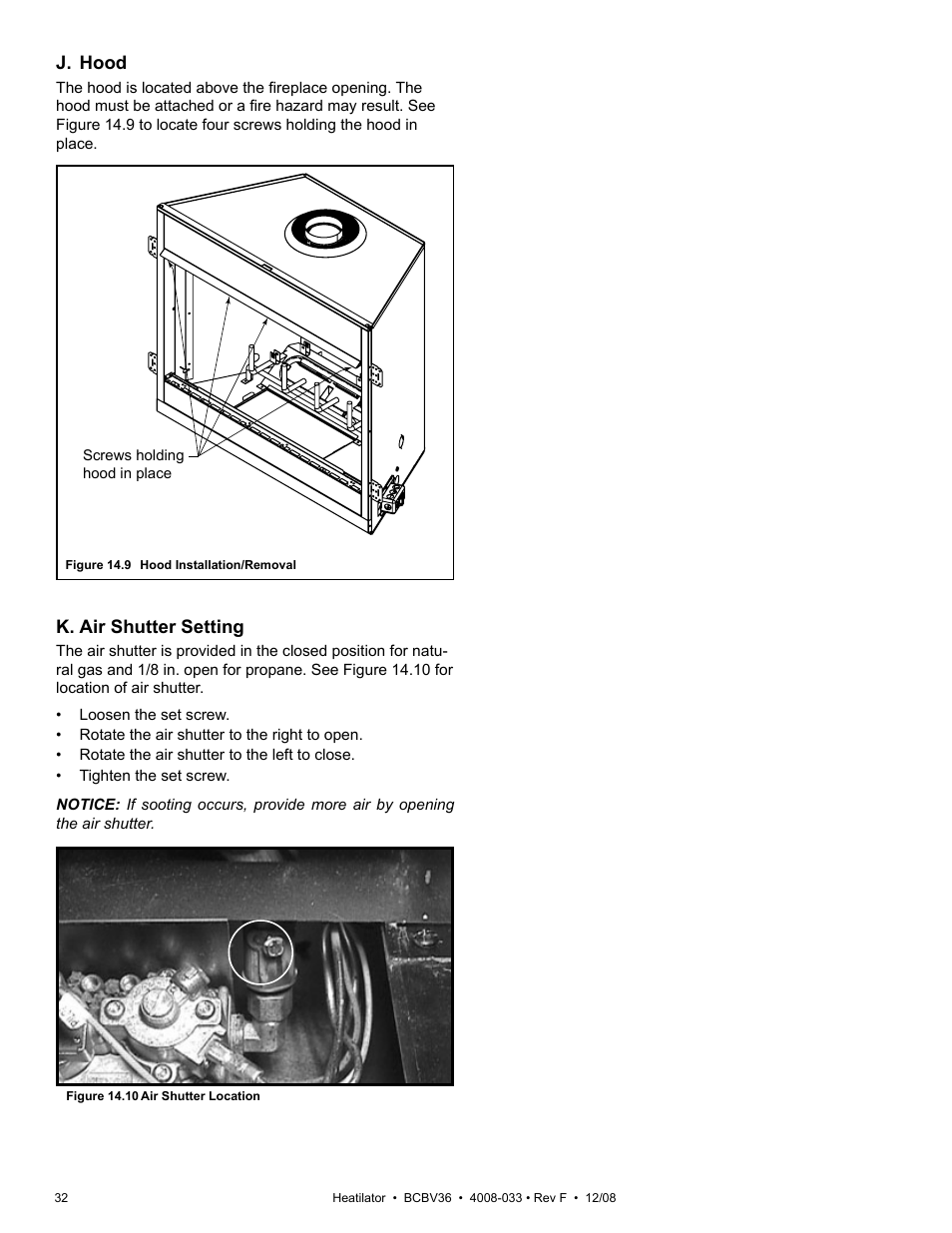 K. air shutter setting, J. hood | Hearth and Home Technologies BCBV36I User Manual | Page 32 / 44