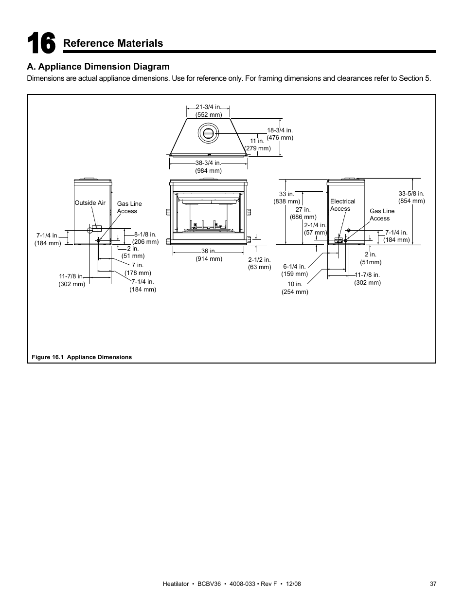 Reference materials, A. appliance dimension diagram | Hearth and Home Technologies BCBV36I User Manual | Page 37 / 44