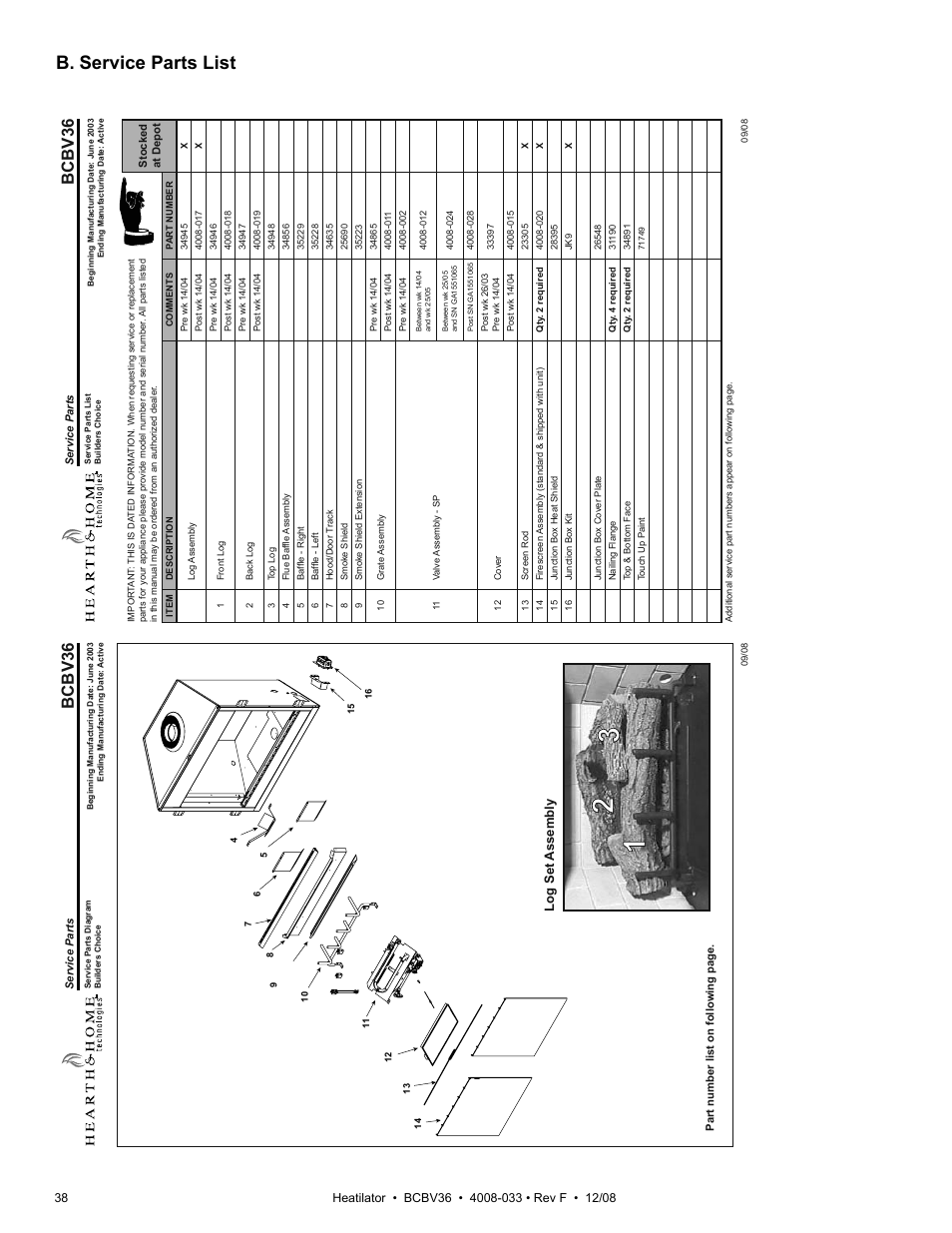 B. service parts list, Bcbv36, Log set assembly | Hearth and Home Technologies BCBV36I User Manual | Page 38 / 44