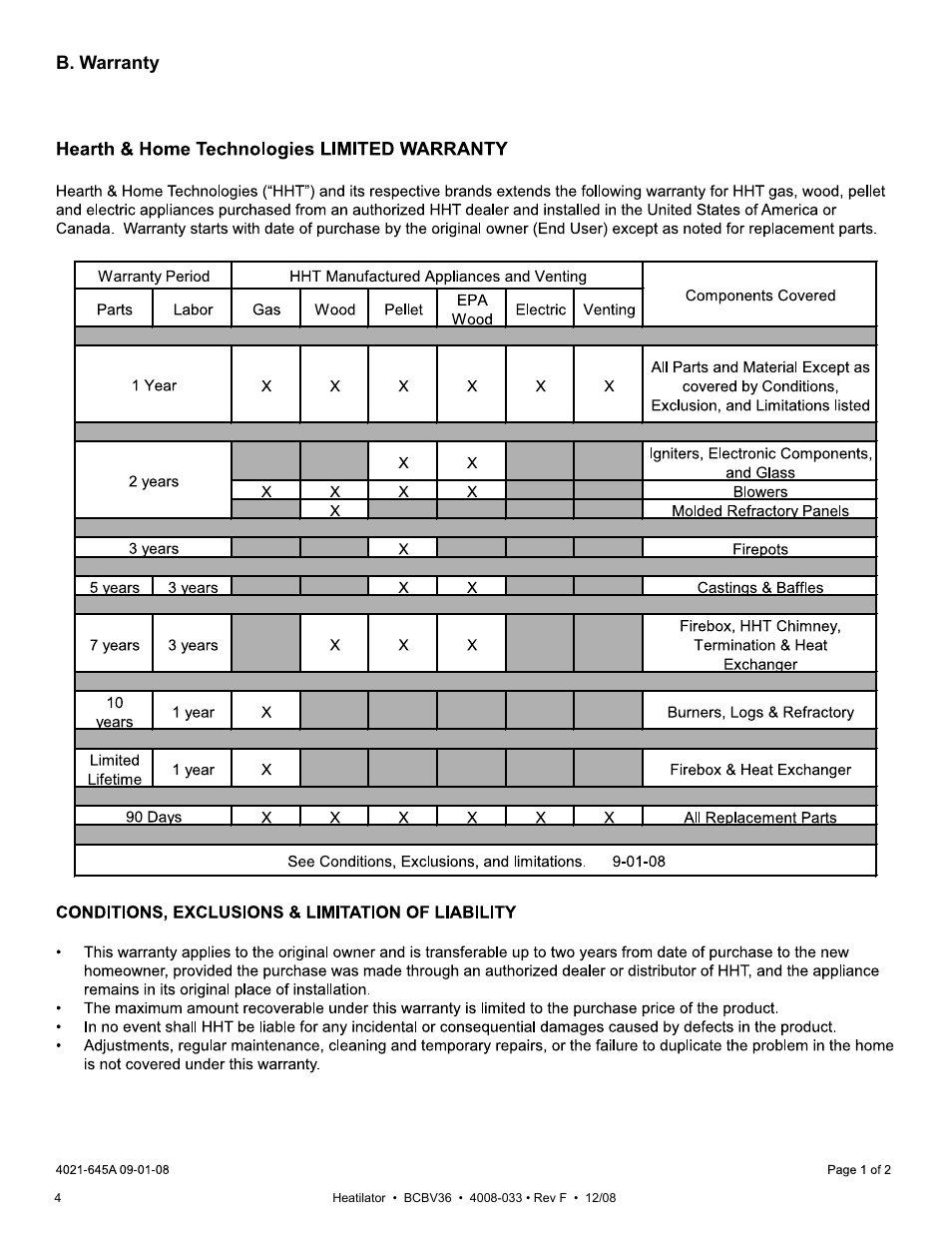 B. warranty | Hearth and Home Technologies BCBV36I User Manual | Page 4 / 44