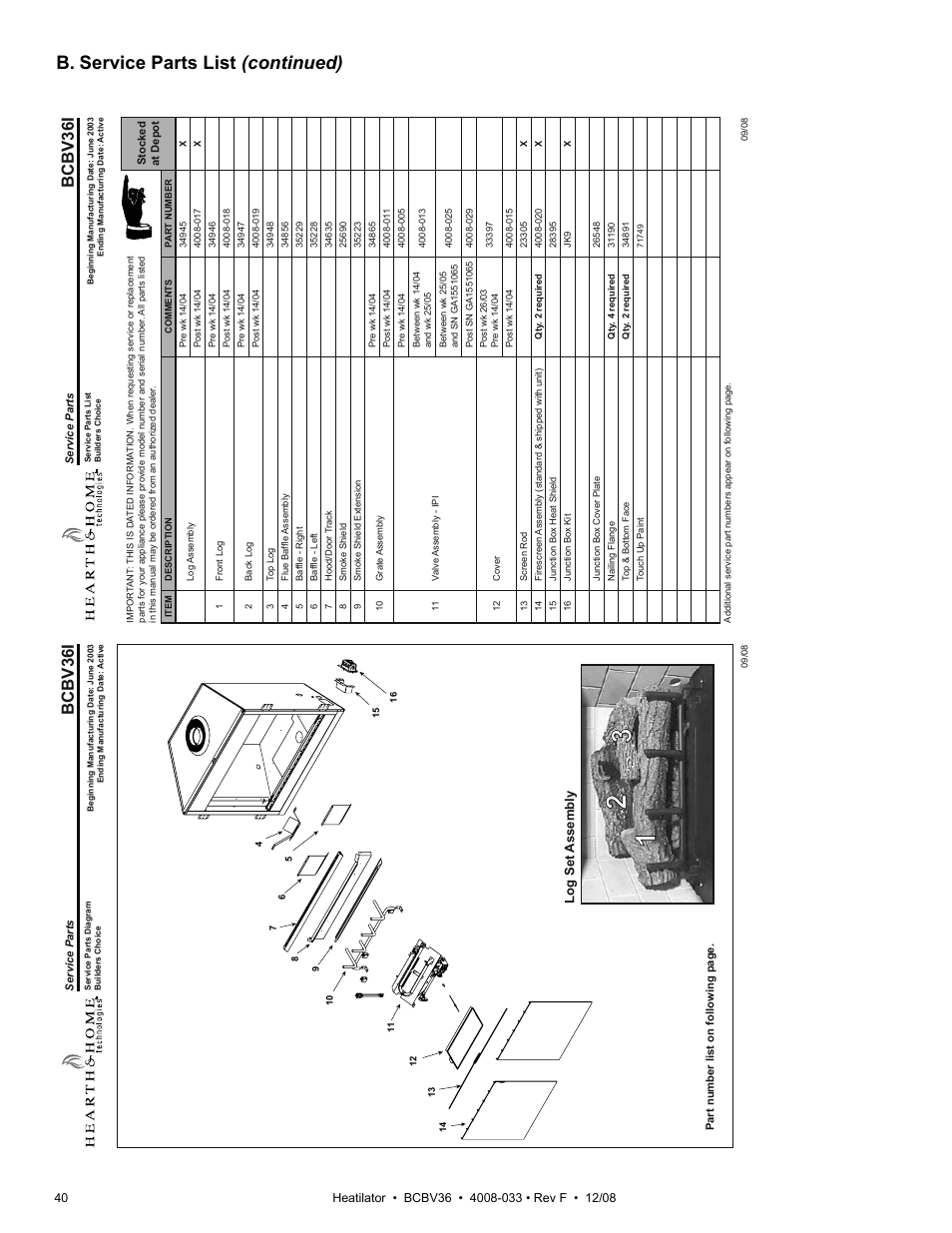 B. service parts list (continued), Bcbv36i | Hearth and Home Technologies BCBV36I User Manual | Page 40 / 44