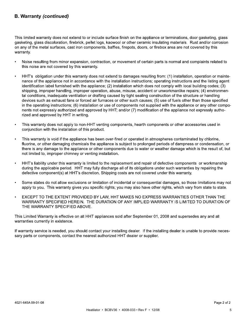 B. warranty (continued) | Hearth and Home Technologies BCBV36I User Manual | Page 5 / 44