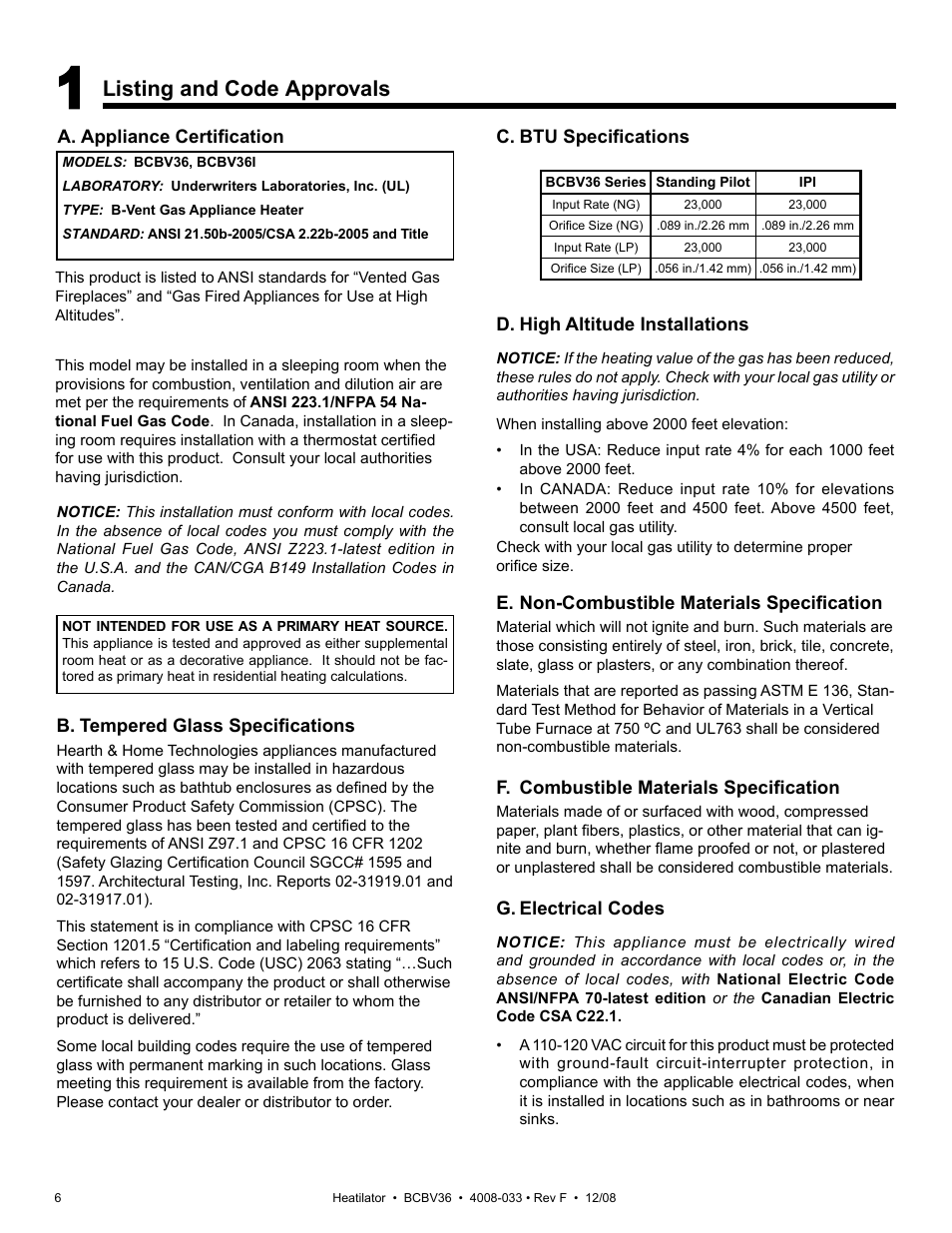 Listing and code approvals | Hearth and Home Technologies BCBV36I User Manual | Page 6 / 44