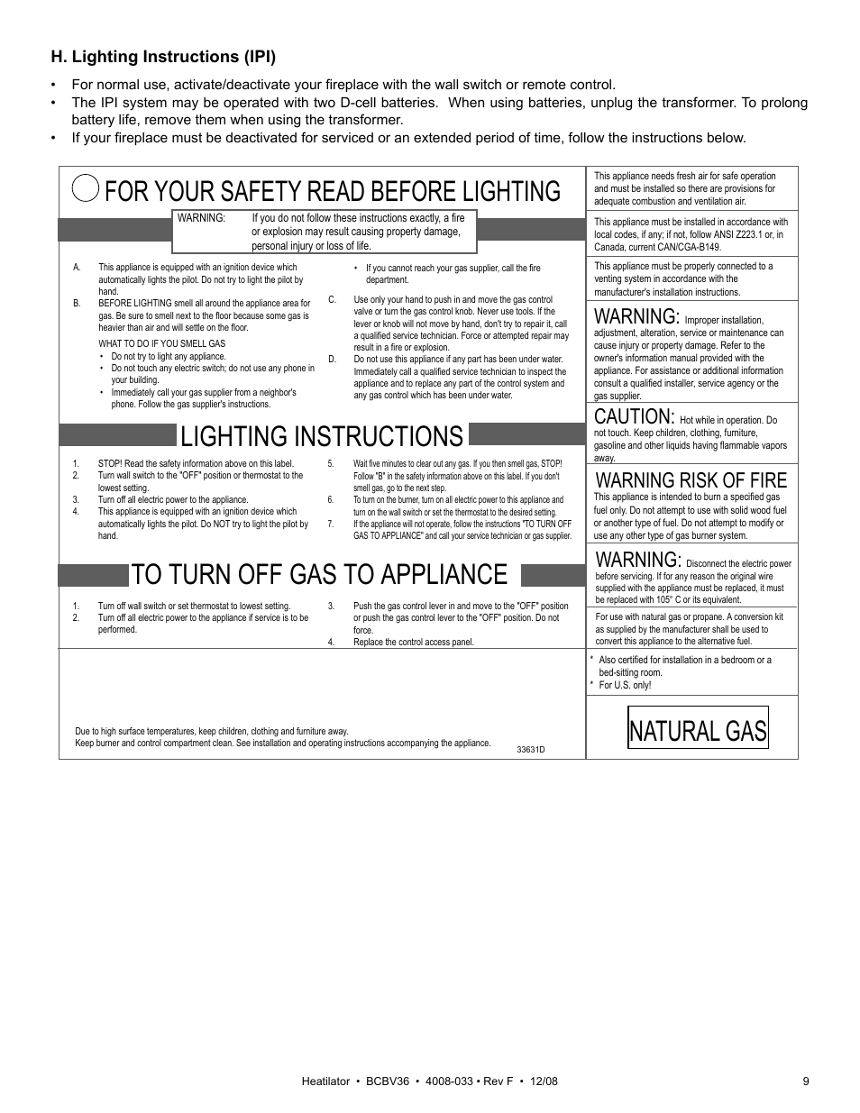 Lighting instructions, For your safety read before lighting, Natural gas | Warning, Caution, Warning risk of fire, H. lighting instructions (ipi) | Hearth and Home Technologies BCBV36I User Manual | Page 9 / 44