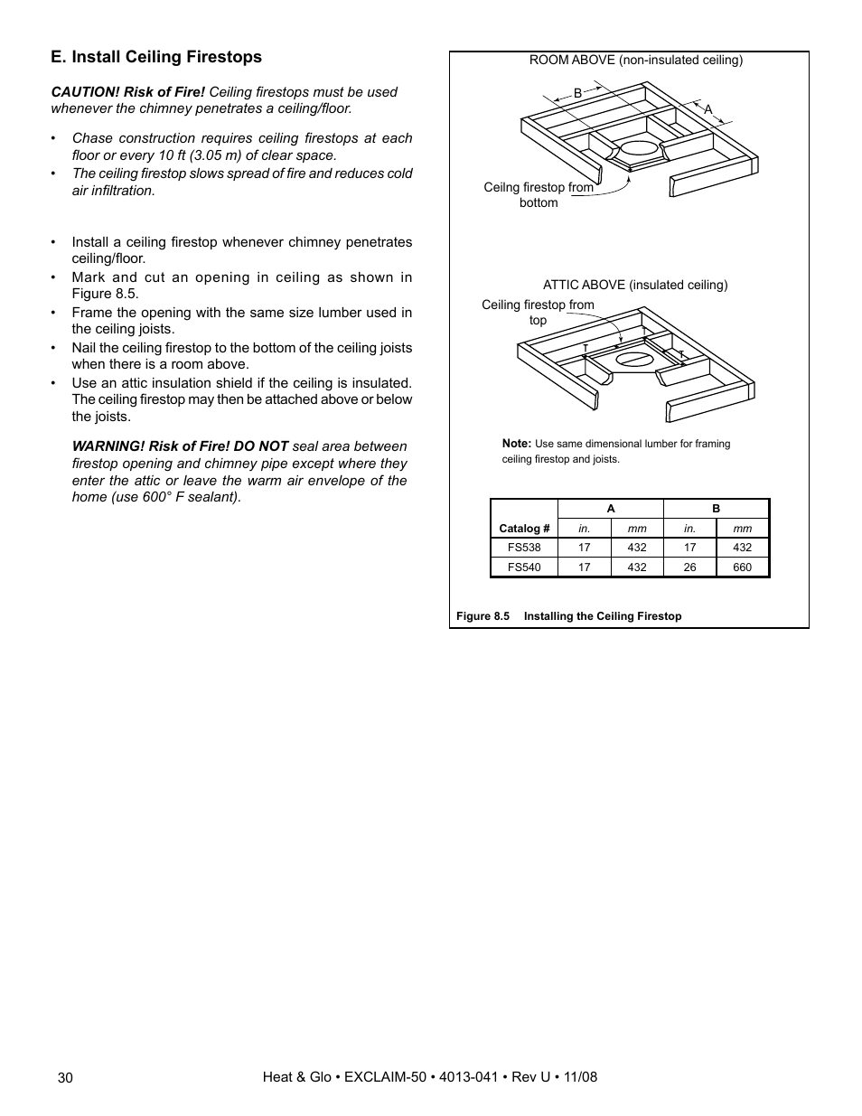 E. install ceiling firestops | Hearth and Home Technologies EXCLAIM-50 User Manual | Page 30 / 52