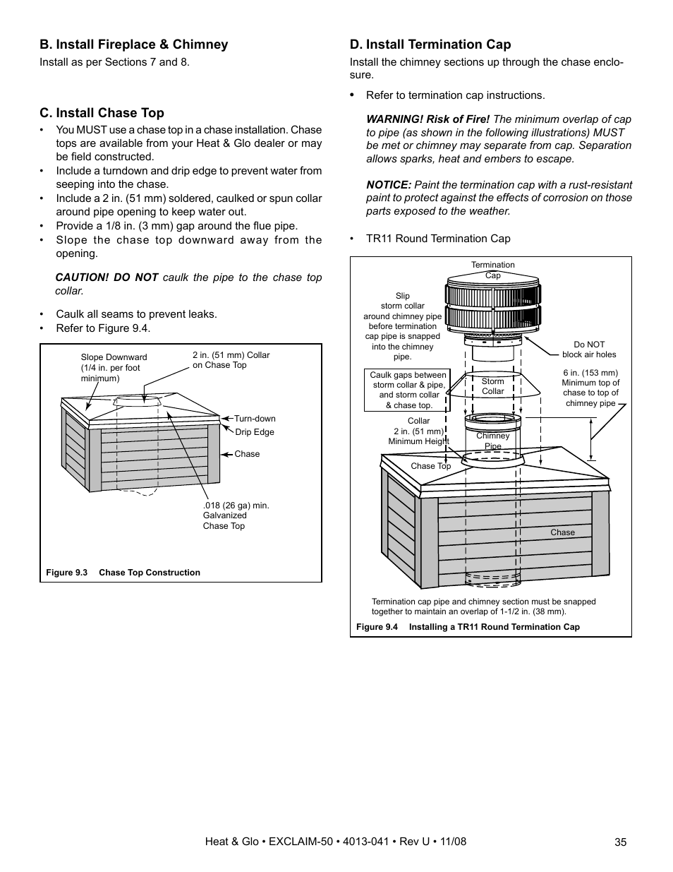 B. install fireplace & chimney, D. install termination cap, C. install chase top | Hearth and Home Technologies EXCLAIM-50 User Manual | Page 35 / 52
