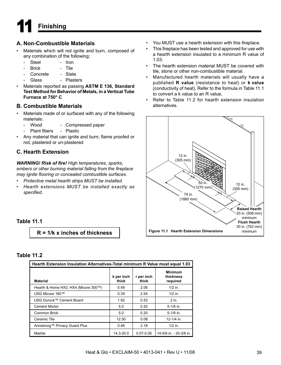 Finishing, A. non-combustible materials, B. combustible materials | Table 11.2 c. hearth extension, Table 11.1, R = 1/k x inches of thickness | Hearth and Home Technologies EXCLAIM-50 User Manual | Page 39 / 52