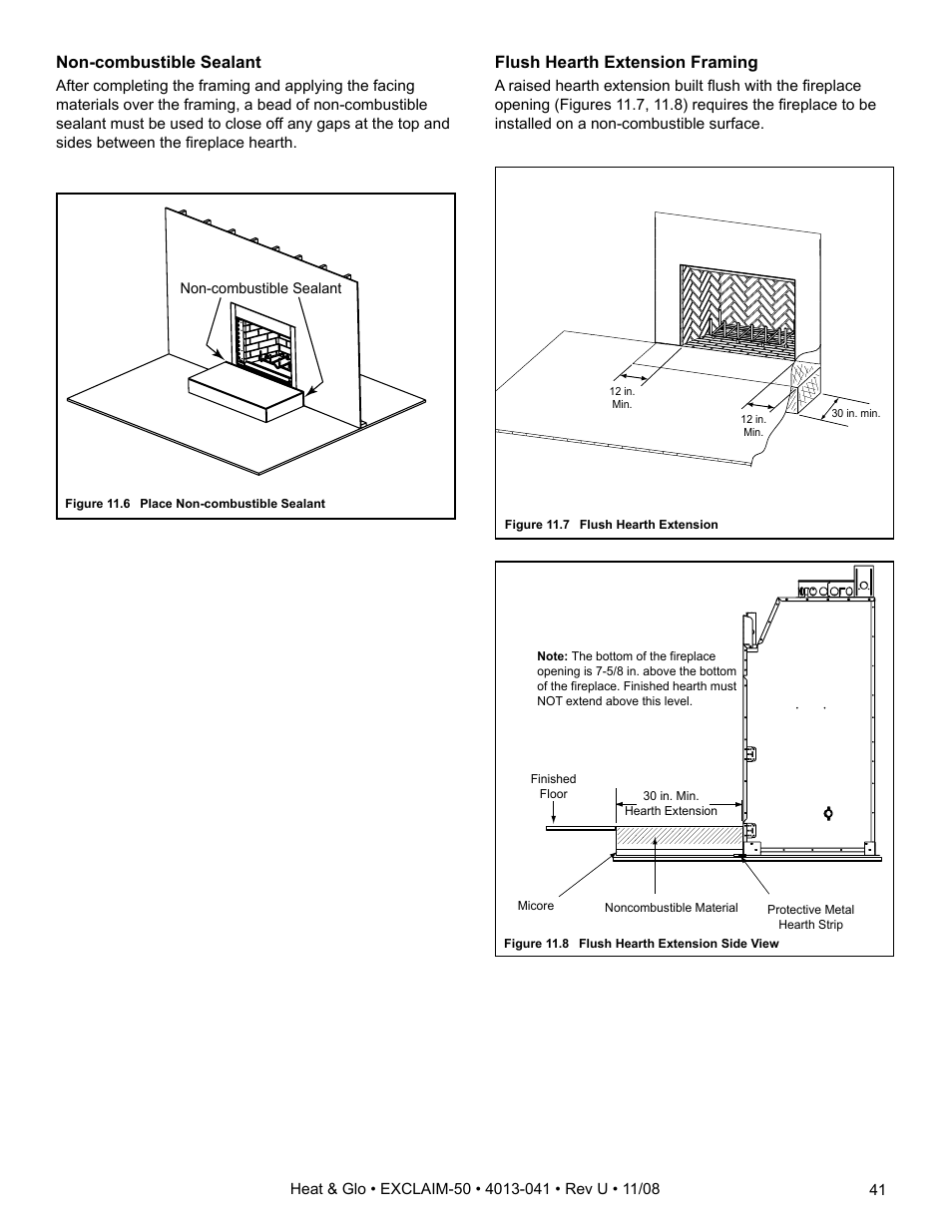 Non-combustible sealant, Flush hearth extension framing | Hearth and Home Technologies EXCLAIM-50 User Manual | Page 41 / 52