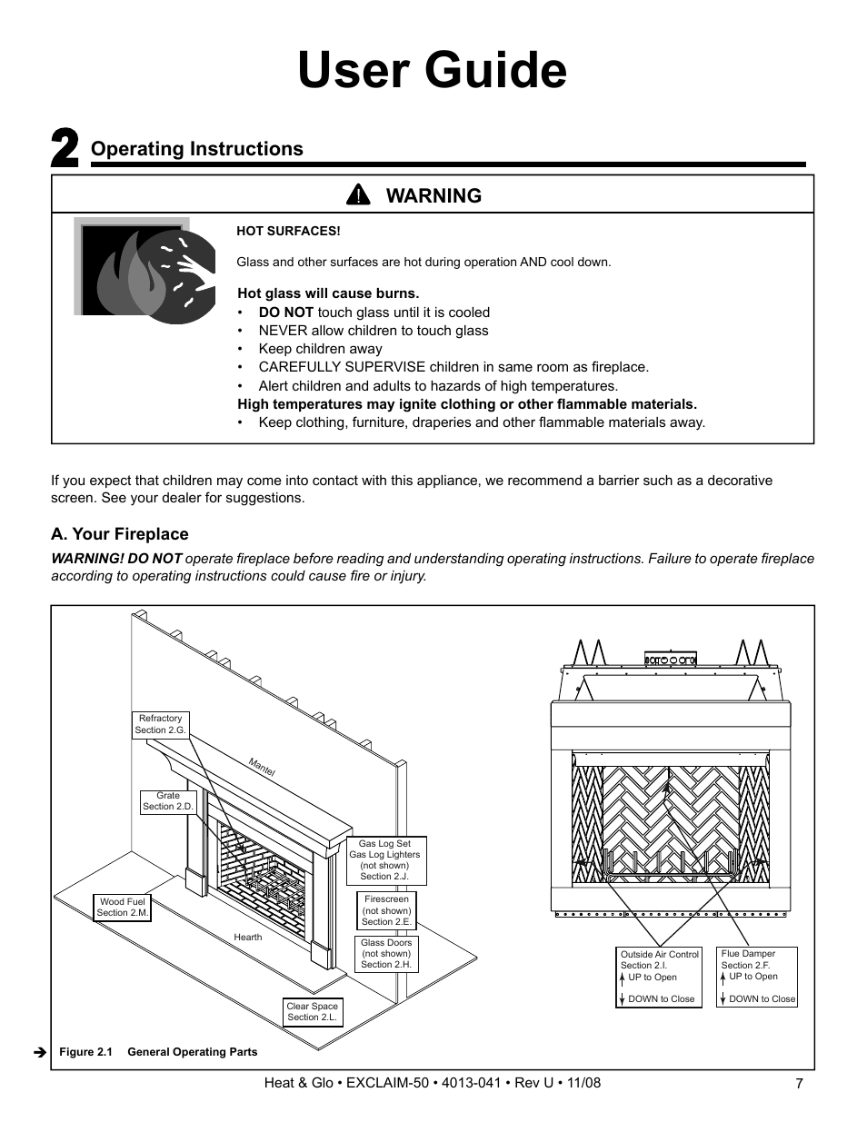 User guide, Operating instructions, Warning | Hearth and Home Technologies EXCLAIM-50 User Manual | Page 7 / 52