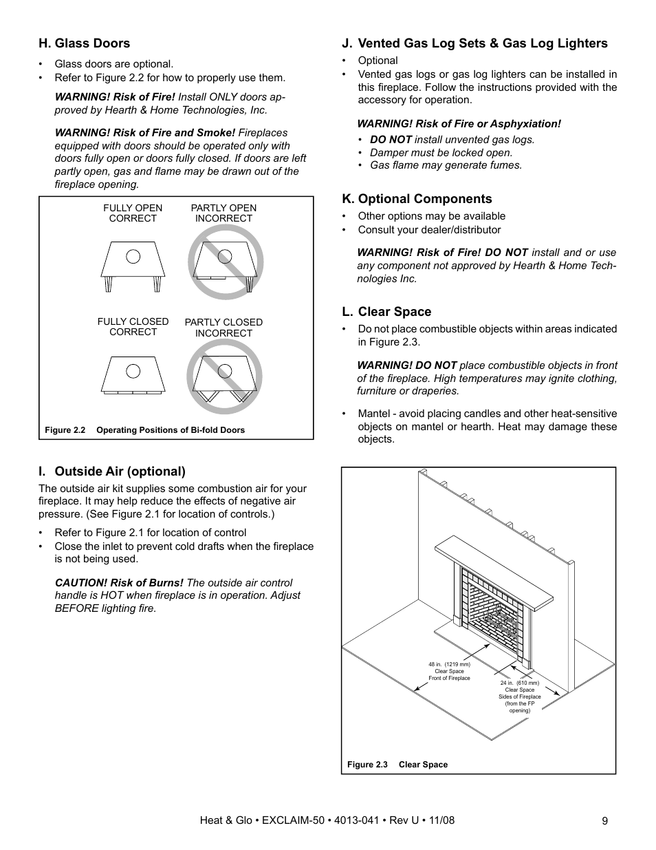 I. outside air (optional), H. glass doors, J. vented gas log sets & gas log lighters | K. optional components, L. clear space | Hearth and Home Technologies EXCLAIM-50 User Manual | Page 9 / 52