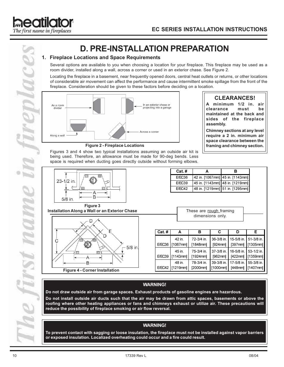 D. pre-installation preparation, Ec series installation instructions, Clearances | Fireplace locations and space requirements | Hearth and Home Technologies EC36 User Manual | Page 10 / 32