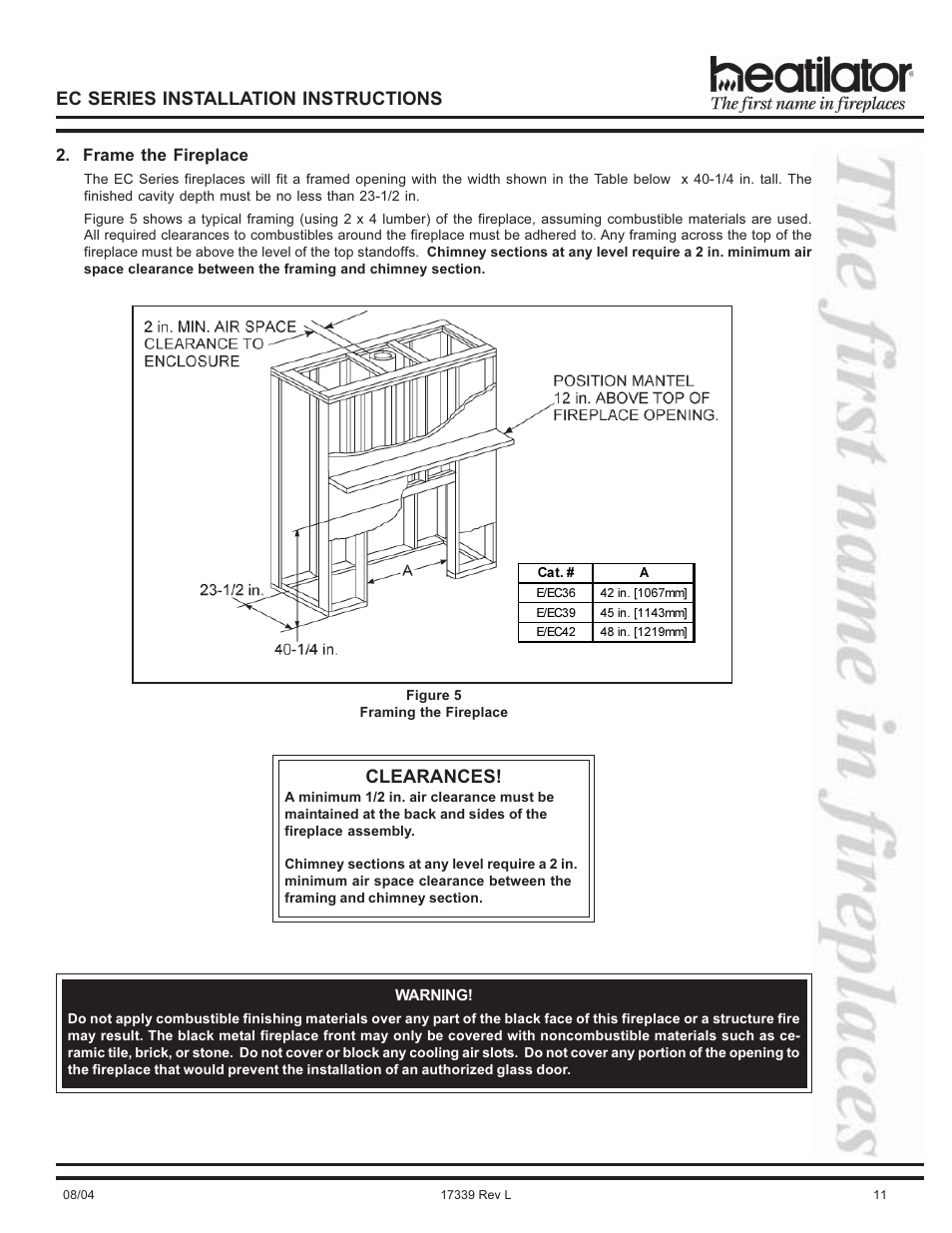 Ec series installation instructions, Clearances | Hearth and Home Technologies EC36 User Manual | Page 11 / 32