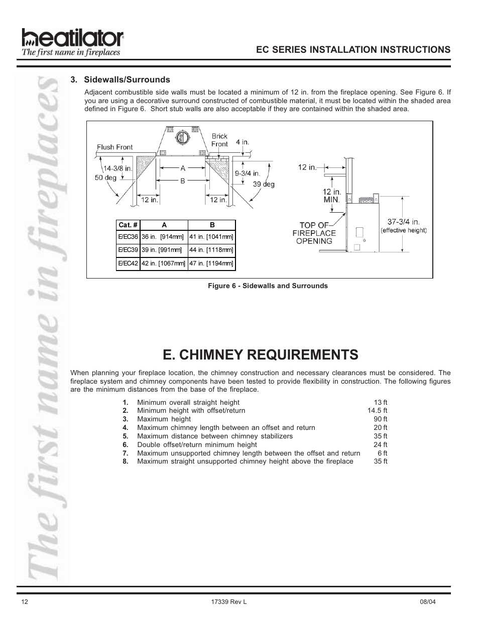E. chimney requirements, Ec series installation instructions | Hearth and Home Technologies EC36 User Manual | Page 12 / 32