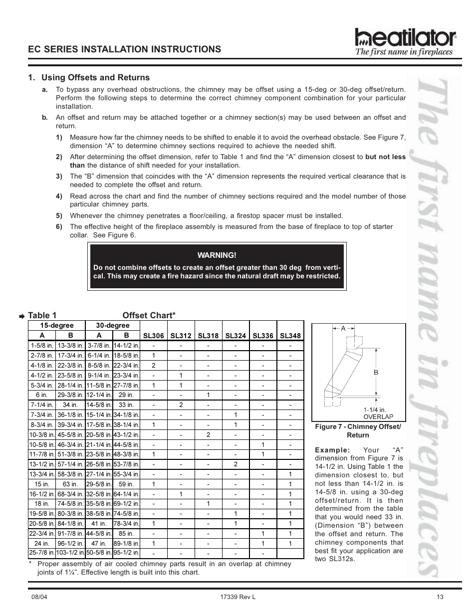 Ec series installation instructions, Using offsets and returns, Table 1 offset chart | Hearth and Home Technologies EC36 User Manual | Page 13 / 32