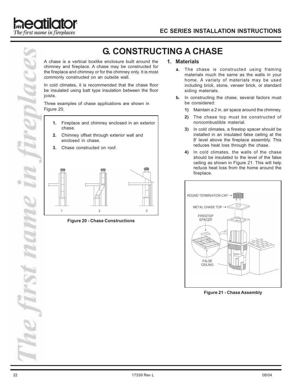 G. constructing a chase, Ec series installation instructions | Hearth and Home Technologies EC36 User Manual | Page 22 / 32