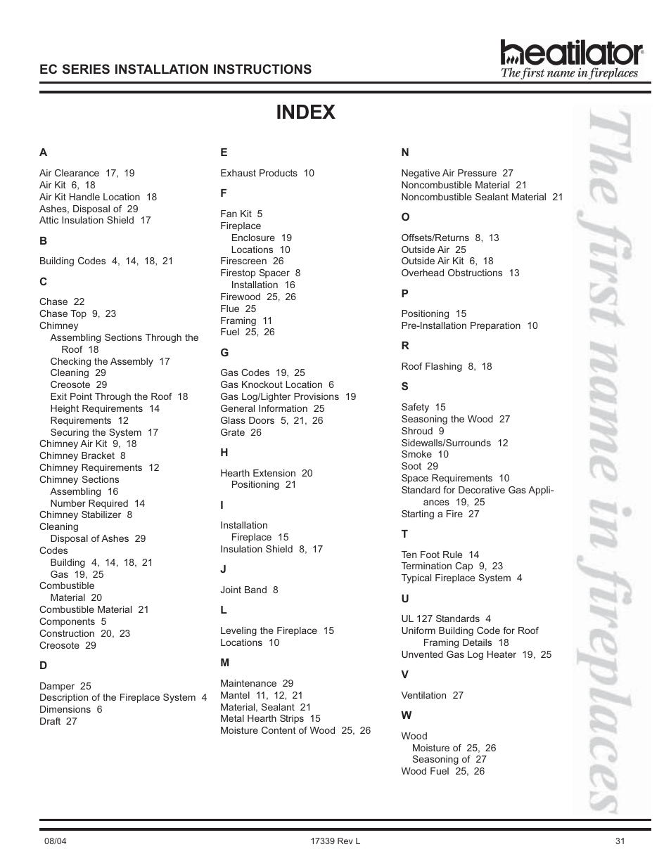 Index, Ec series installation instructions | Hearth and Home Technologies EC36 User Manual | Page 31 / 32