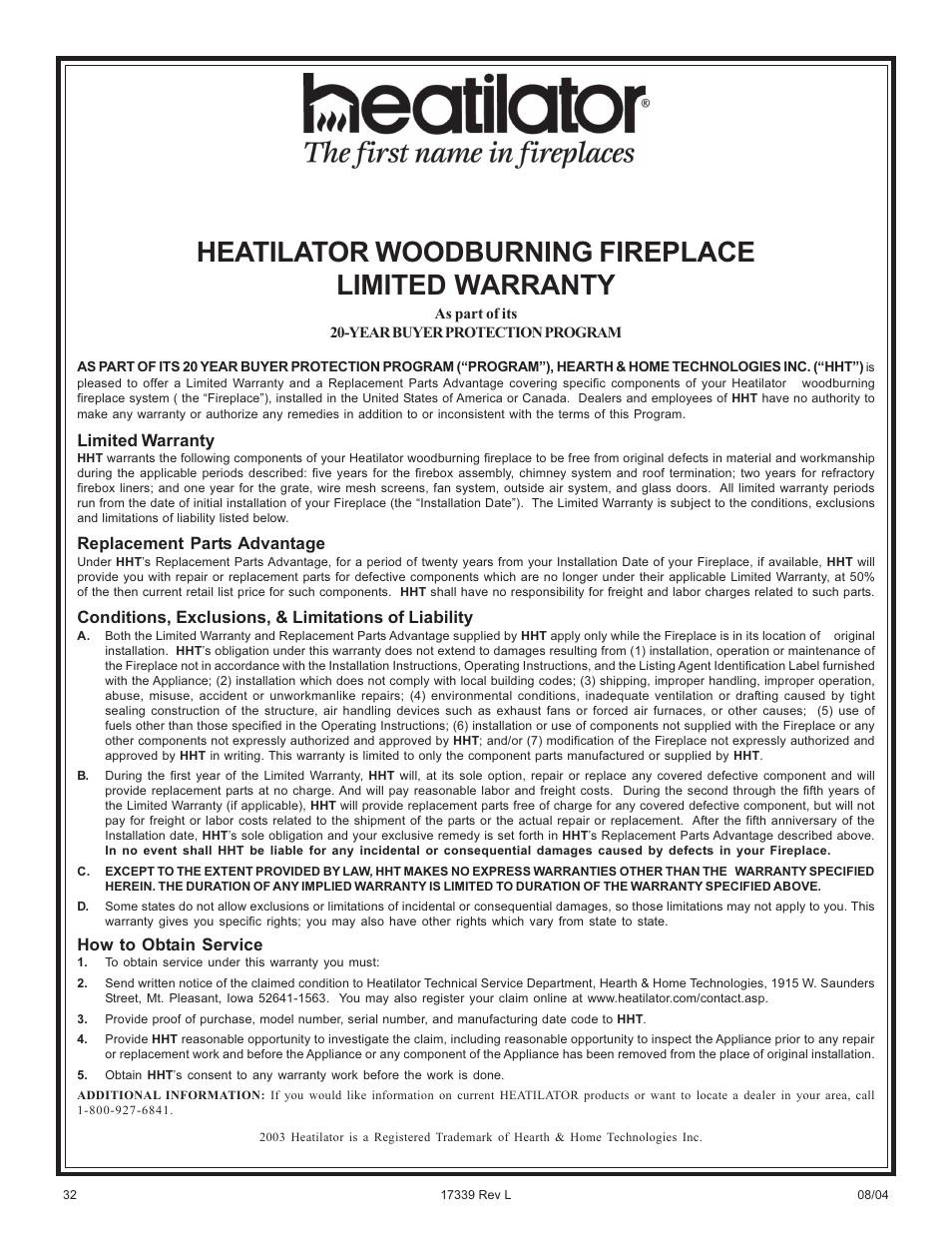 Heatilator woodburning fireplace limited warranty, Limited warranty, Replacement parts advantage | Conditions, exclusions, & limitations of liability, How to obtain service | Hearth and Home Technologies EC36 User Manual | Page 32 / 32