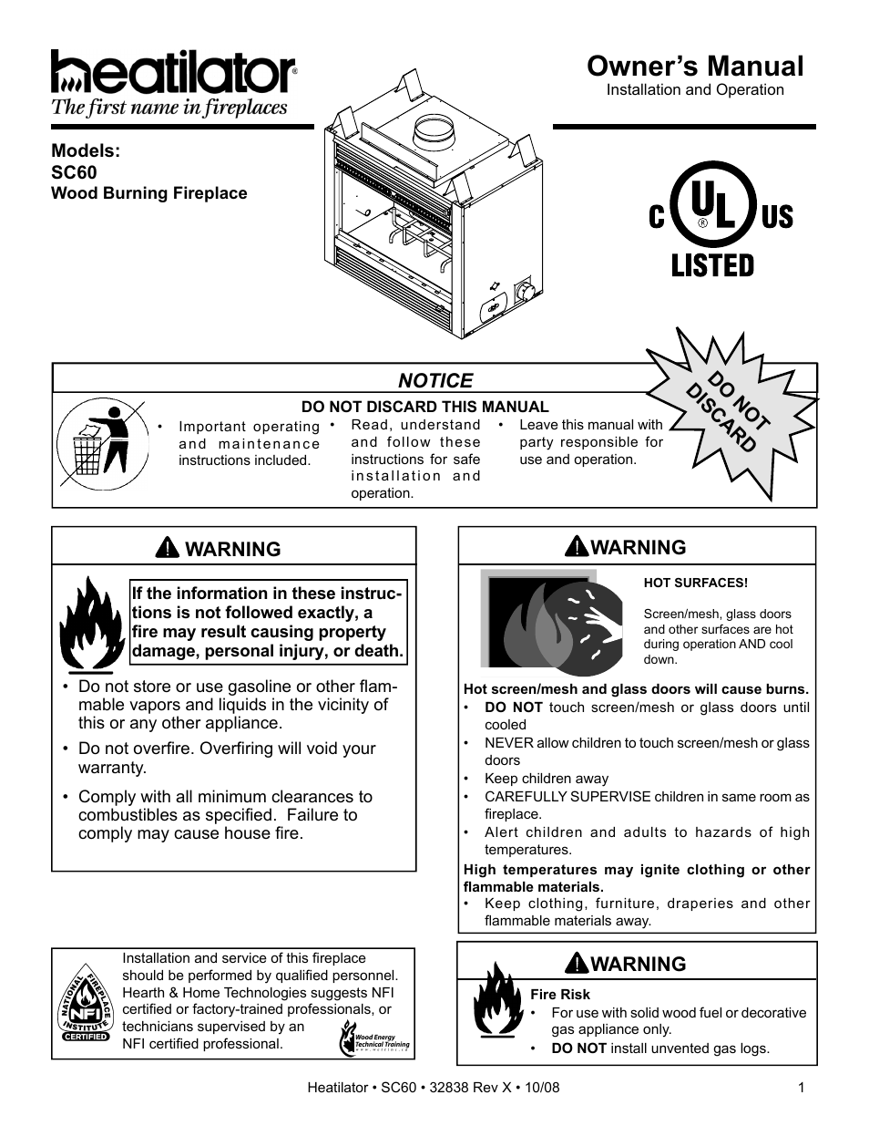 Hearth and Home Technologies HEATILATOR SC60 User Manual | 48 pages