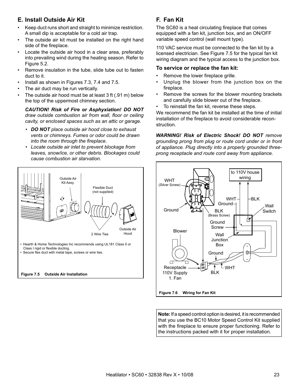 E. install outside air kit, F. fan kit | Hearth and Home Technologies HEATILATOR SC60 User Manual | Page 23 / 48