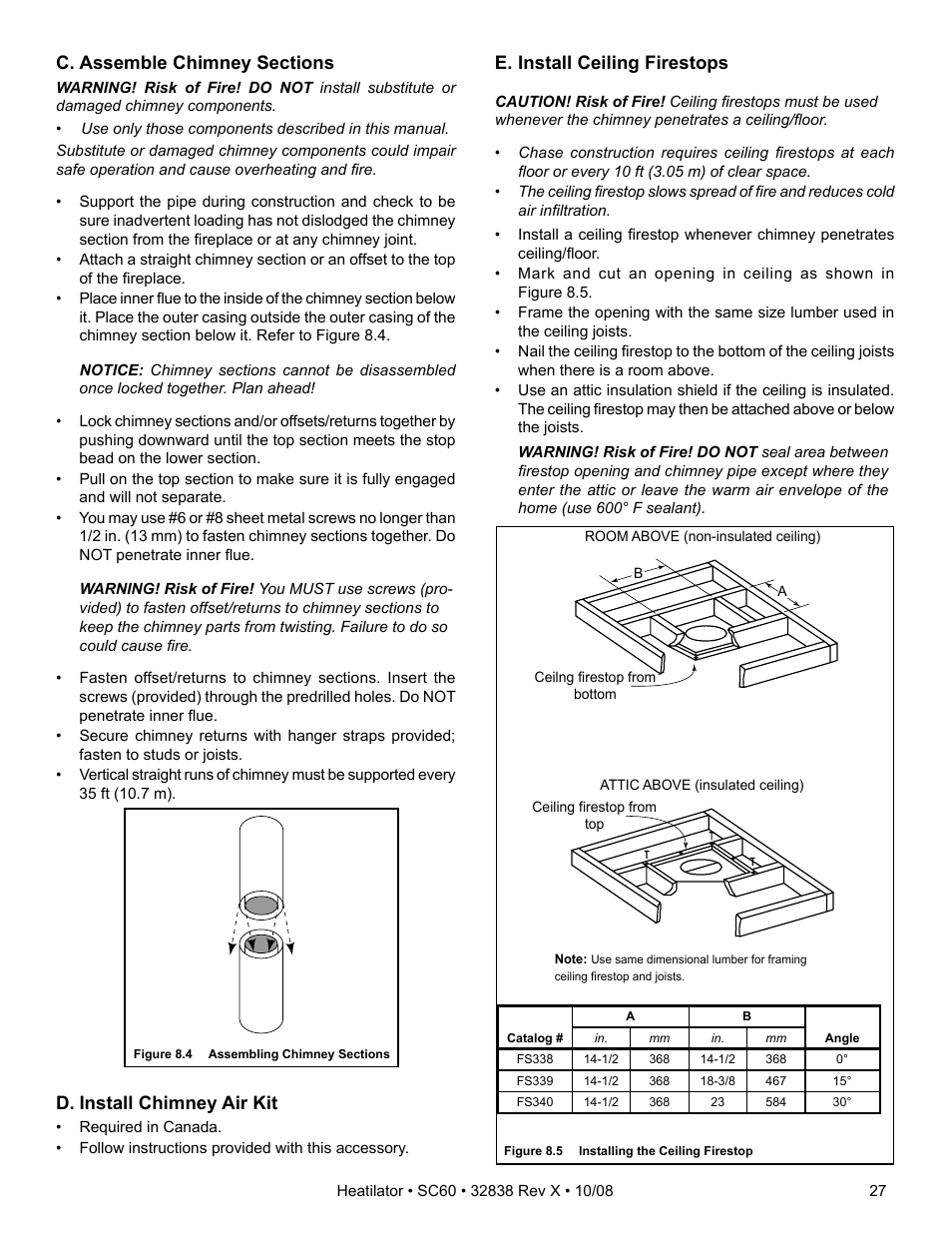 D. install chimney air kit, E. install ceiling firestops | Hearth and Home Technologies HEATILATOR SC60 User Manual | Page 27 / 48