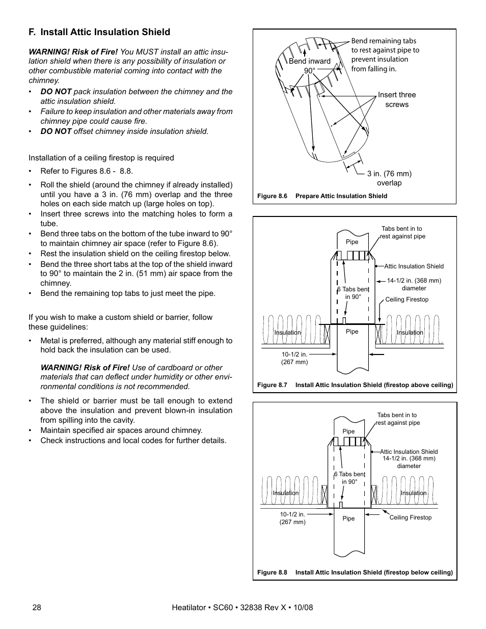 F. install attic insulation shield | Hearth and Home Technologies HEATILATOR SC60 User Manual | Page 28 / 48