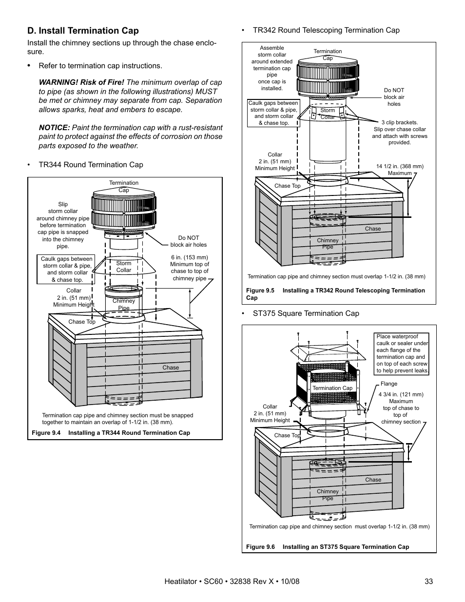 D. install termination cap | Hearth and Home Technologies HEATILATOR SC60 User Manual | Page 33 / 48