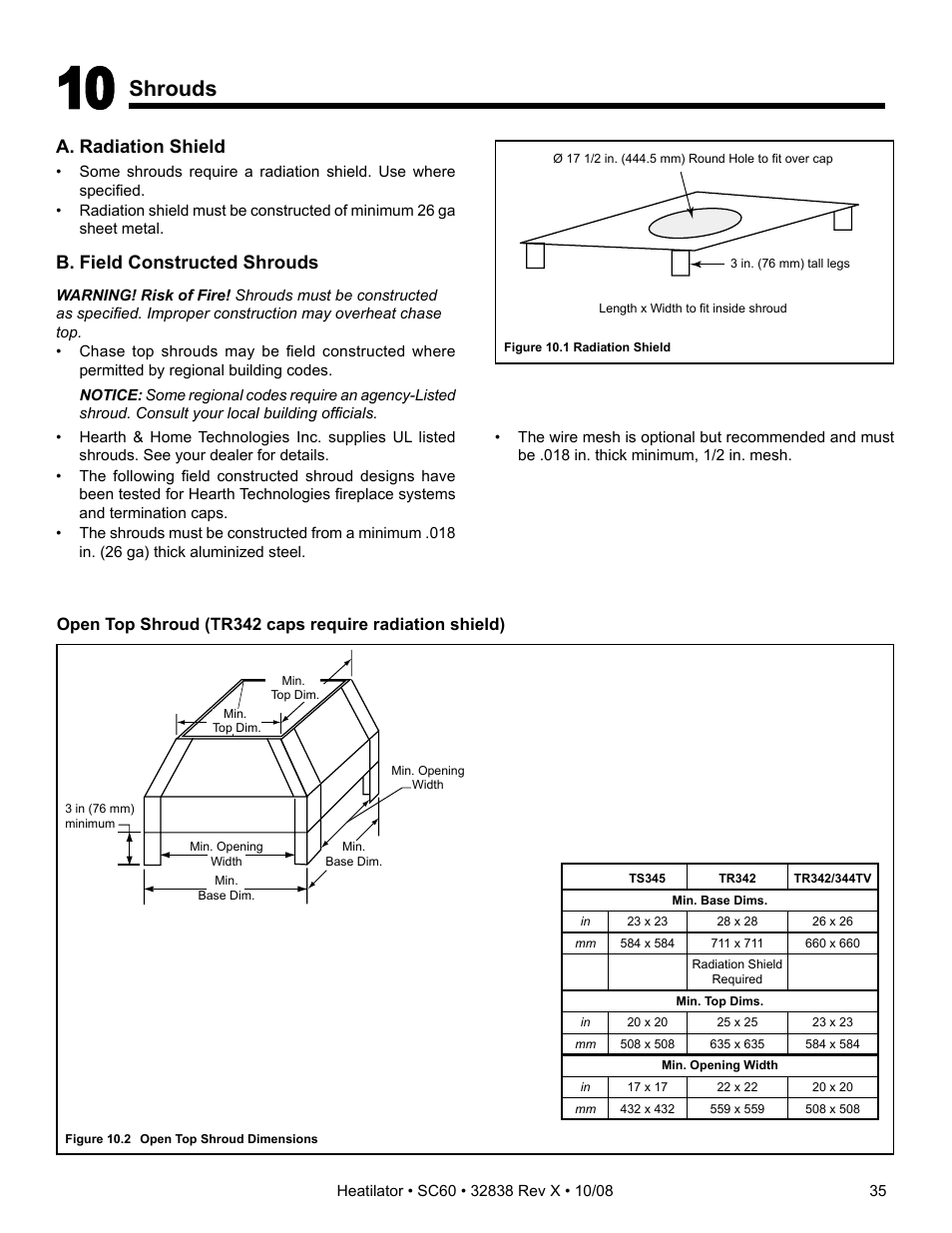 Shrouds, A. radiation shield, B. field constructed shrouds | Hearth and Home Technologies HEATILATOR SC60 User Manual | Page 35 / 48