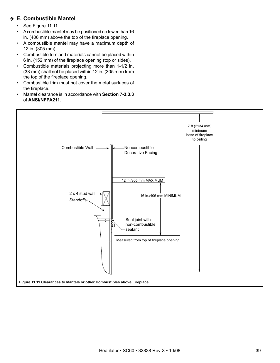 E. combustible mantel | Hearth and Home Technologies HEATILATOR SC60 User Manual | Page 39 / 48