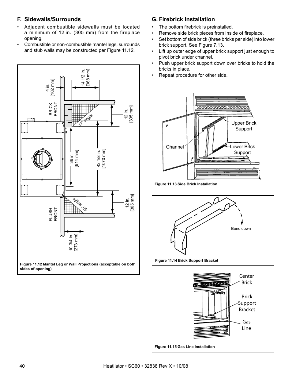 F. sidewalls/surrounds, G. firebrick installation | Hearth and Home Technologies HEATILATOR SC60 User Manual | Page 40 / 48
