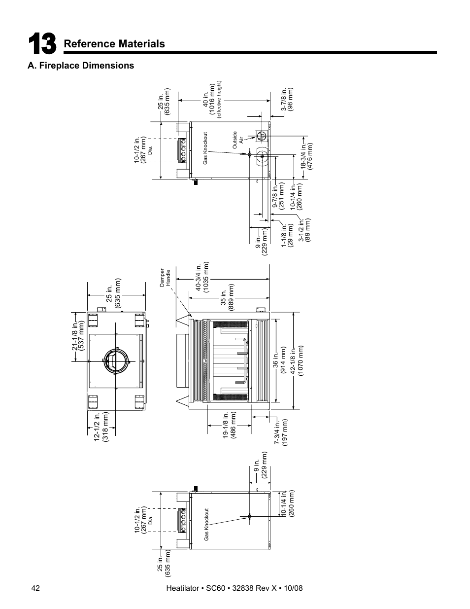 Reference materials, A. fireplace dimensions | Hearth and Home Technologies HEATILATOR SC60 User Manual | Page 42 / 48