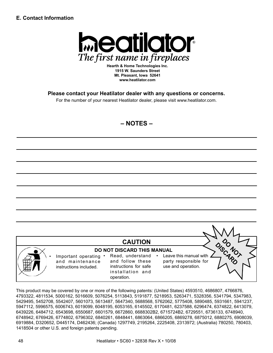 Caution, Do not discard | Hearth and Home Technologies HEATILATOR SC60 User Manual | Page 48 / 48