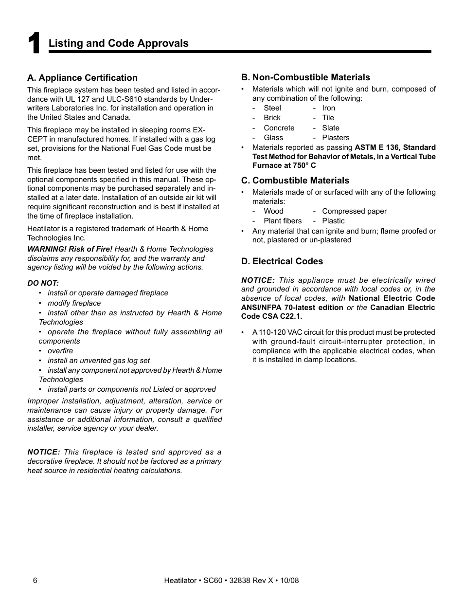 Listing and code approvals | Hearth and Home Technologies HEATILATOR SC60 User Manual | Page 6 / 48