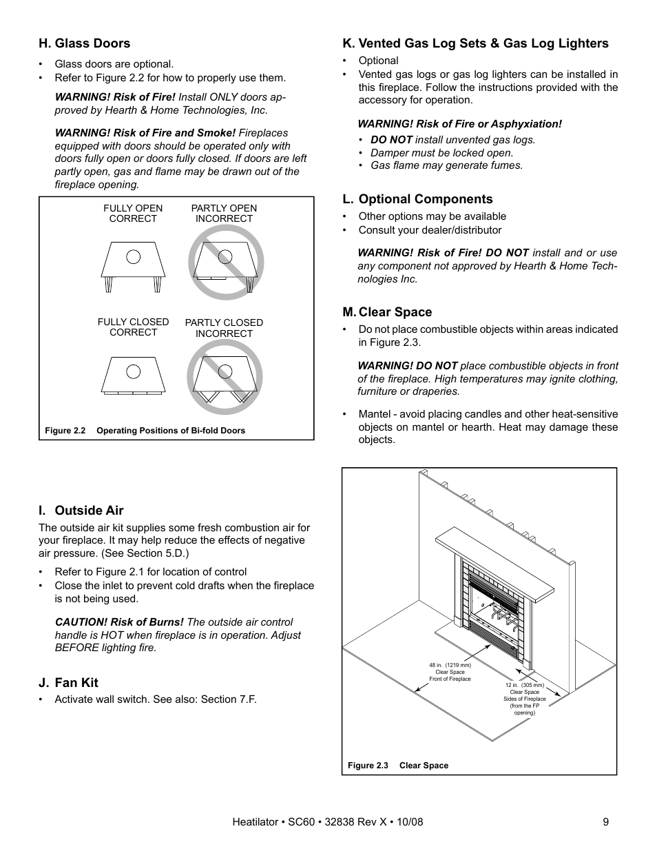 I. outside air, J. fan kit, H. glass doors | K. vented gas log sets & gas log lighters, L. optional components, M. clear space | Hearth and Home Technologies HEATILATOR SC60 User Manual | Page 9 / 48