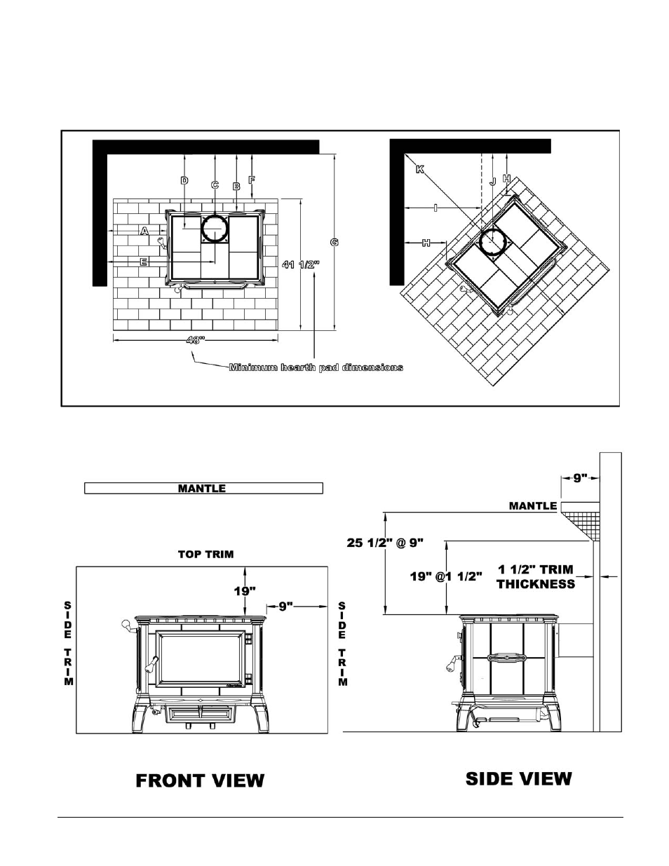 Combustible surface required clearances, Ombustible, Urface | Equired, Learances | Hearth and Home Technologies 8000 User Manual | Page 8 / 29