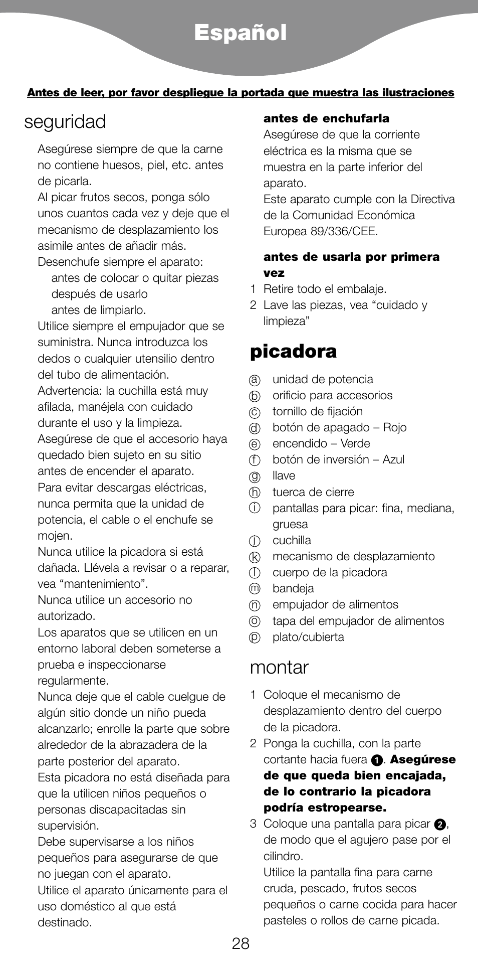 Español, Seguridad, Picadora | Montar | Kenwood PG520 User Manual | Page 32 / 78