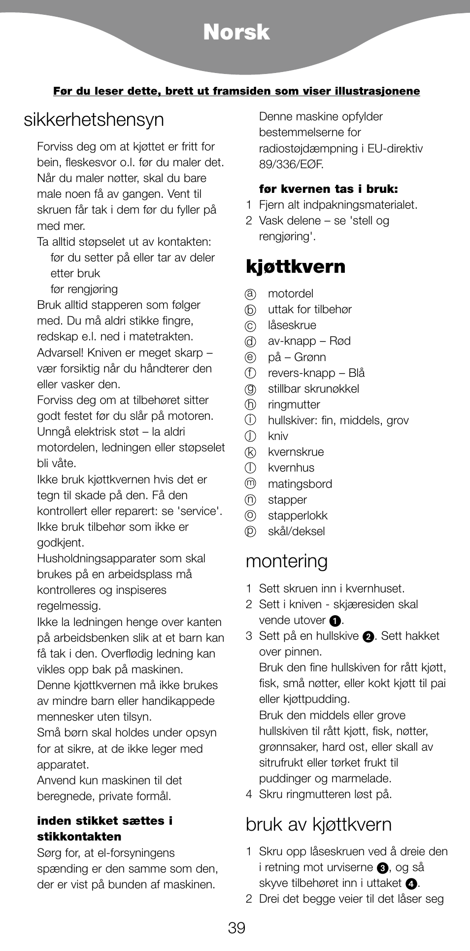 Norsk, Sikkerhetshensyn, Kjøttkvern | Montering, Bruk av kjøttkvern | Kenwood PG520 User Manual | Page 43 / 78