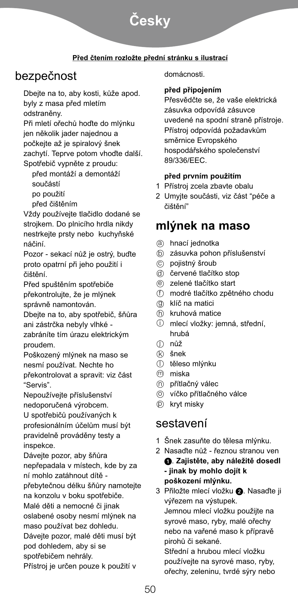 Ïesky, Bezpeïnost, Mlƒnek na maso | Sestavení | Kenwood PG520 User Manual | Page 54 / 78