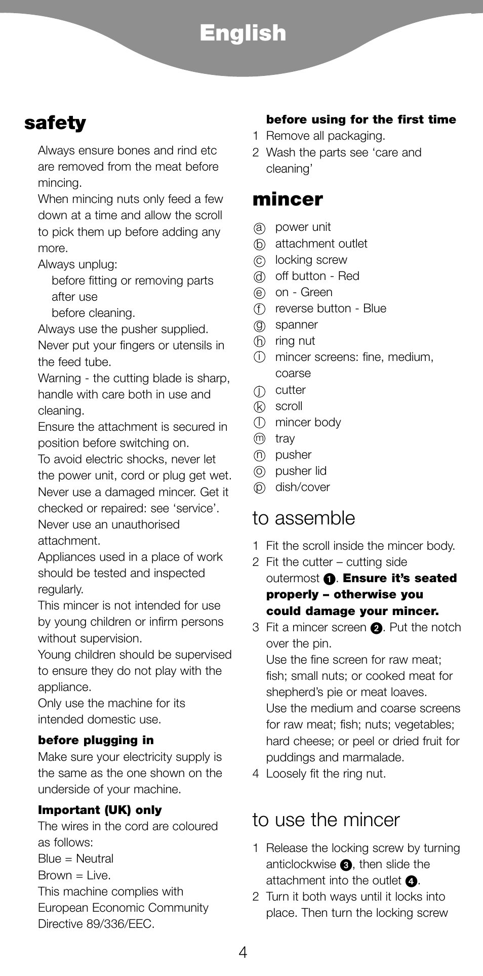 English, Safety, Mincer | Kenwood PG520 User Manual | Page 8 / 78