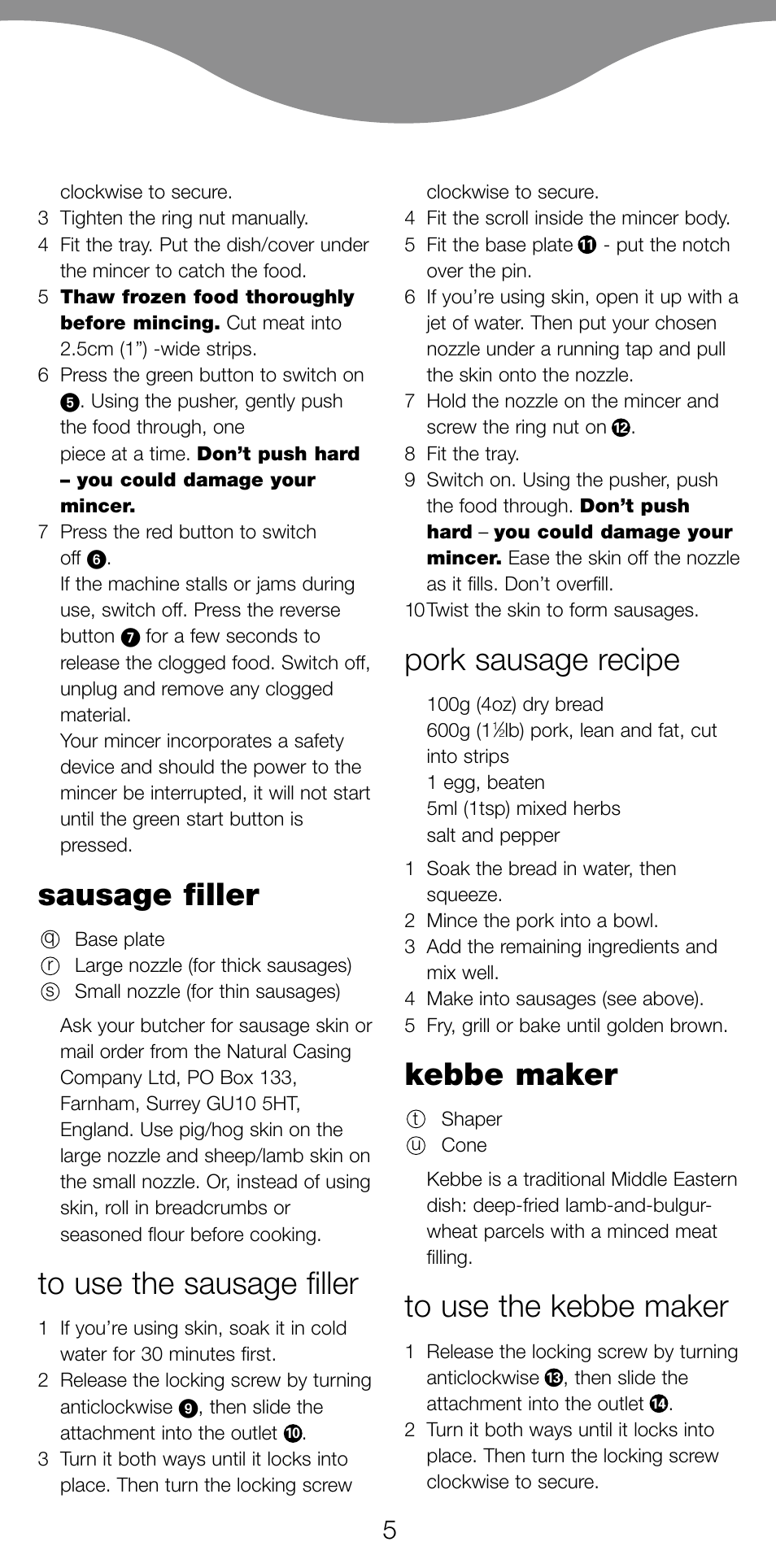 Sausage filler, Pork sausage recipe, Kebbe maker | Kenwood PG520 User Manual | Page 9 / 78