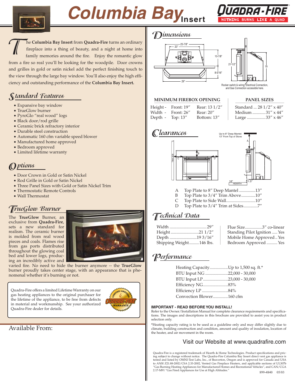 Columbia bay, Insert, Learances | Imensions, Echnical data, Erformance, Tandard features, Ptions, Rueglow burner, Available from | Hearth and Home Technologies Columbia Bay Insert User Manual | Page 2 / 2