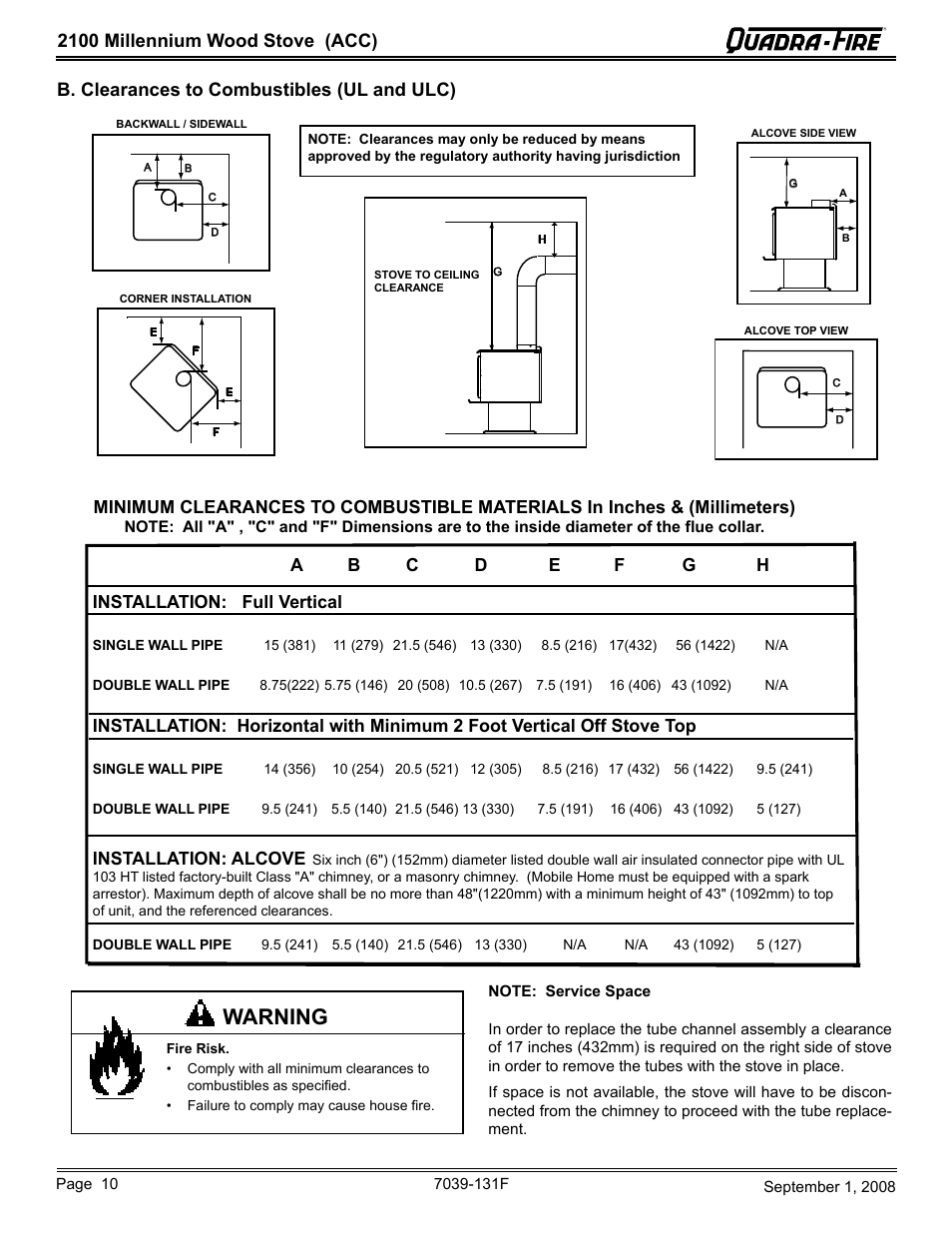 Warning, Installation: full vertical, Installation: alcove | Hearth and Home Technologies 21M-ACC User Manual | Page 10 / 44