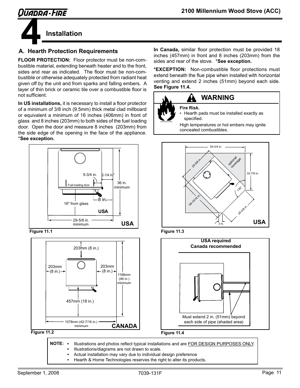 Installation, Warning, 2100 millennium wood stove (acc) | A. hearth protection requirements, Usa canada | Hearth and Home Technologies 21M-ACC User Manual | Page 11 / 44