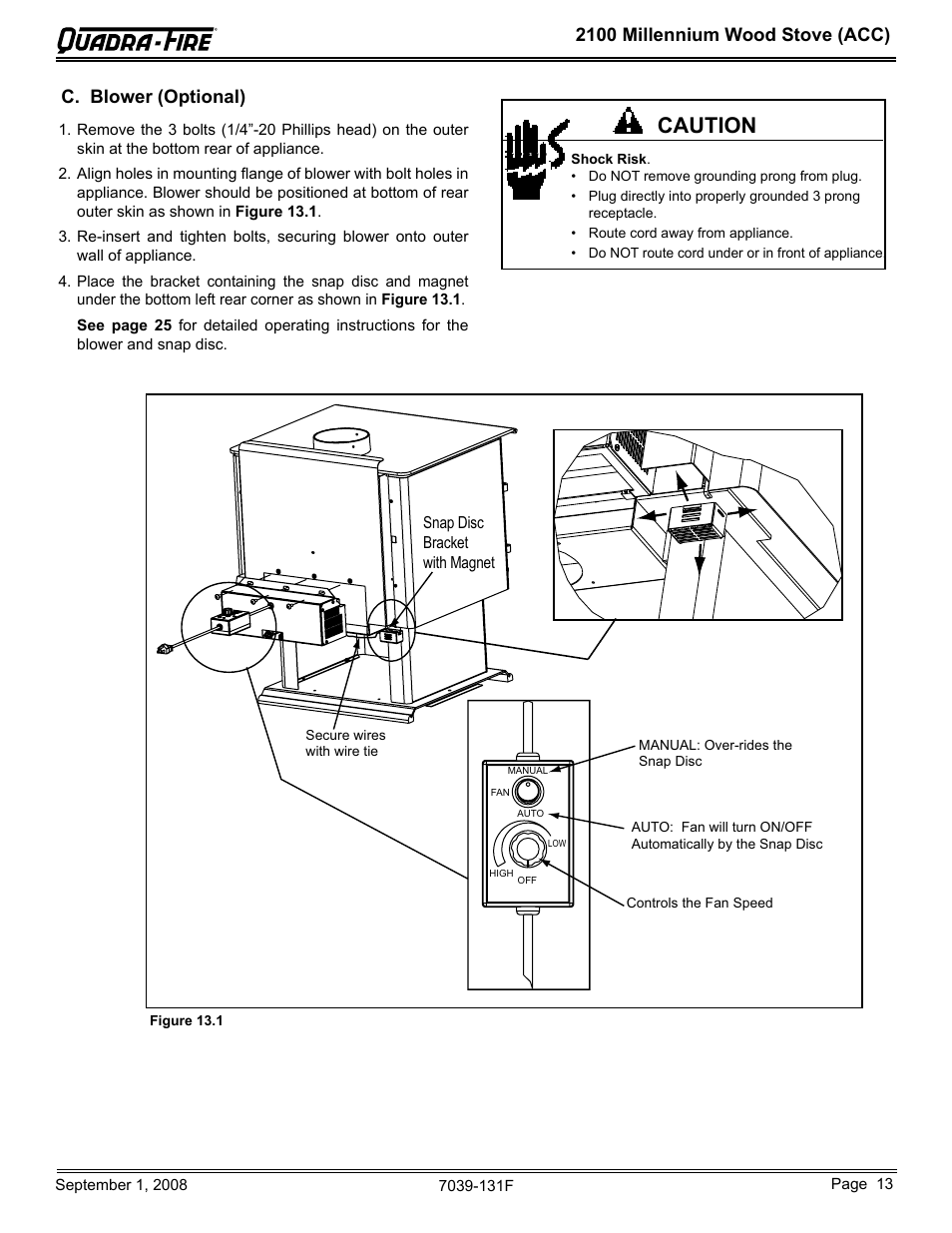 Caution, 2100 millennium wood stove (acc), C. blower (optional) | Hearth and Home Technologies 21M-ACC User Manual | Page 13 / 44