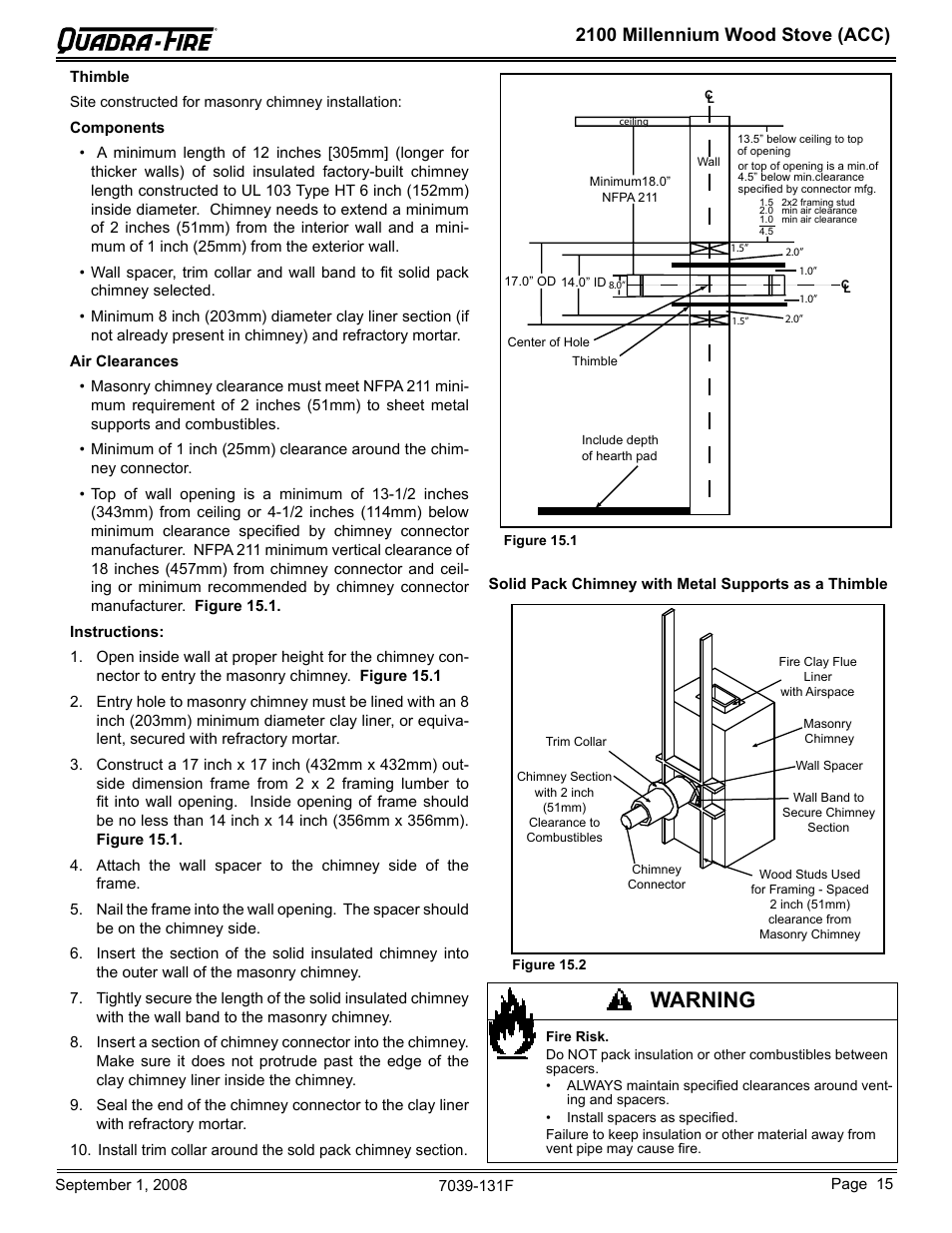 Warning, 2100 millennium wood stove (acc) | Hearth and Home Technologies 21M-ACC User Manual | Page 15 / 44