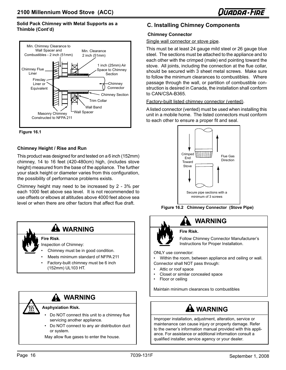 Warning, 2100 millennium wood stove (acc), C. installing chimney components | Hearth and Home Technologies 21M-ACC User Manual | Page 16 / 44